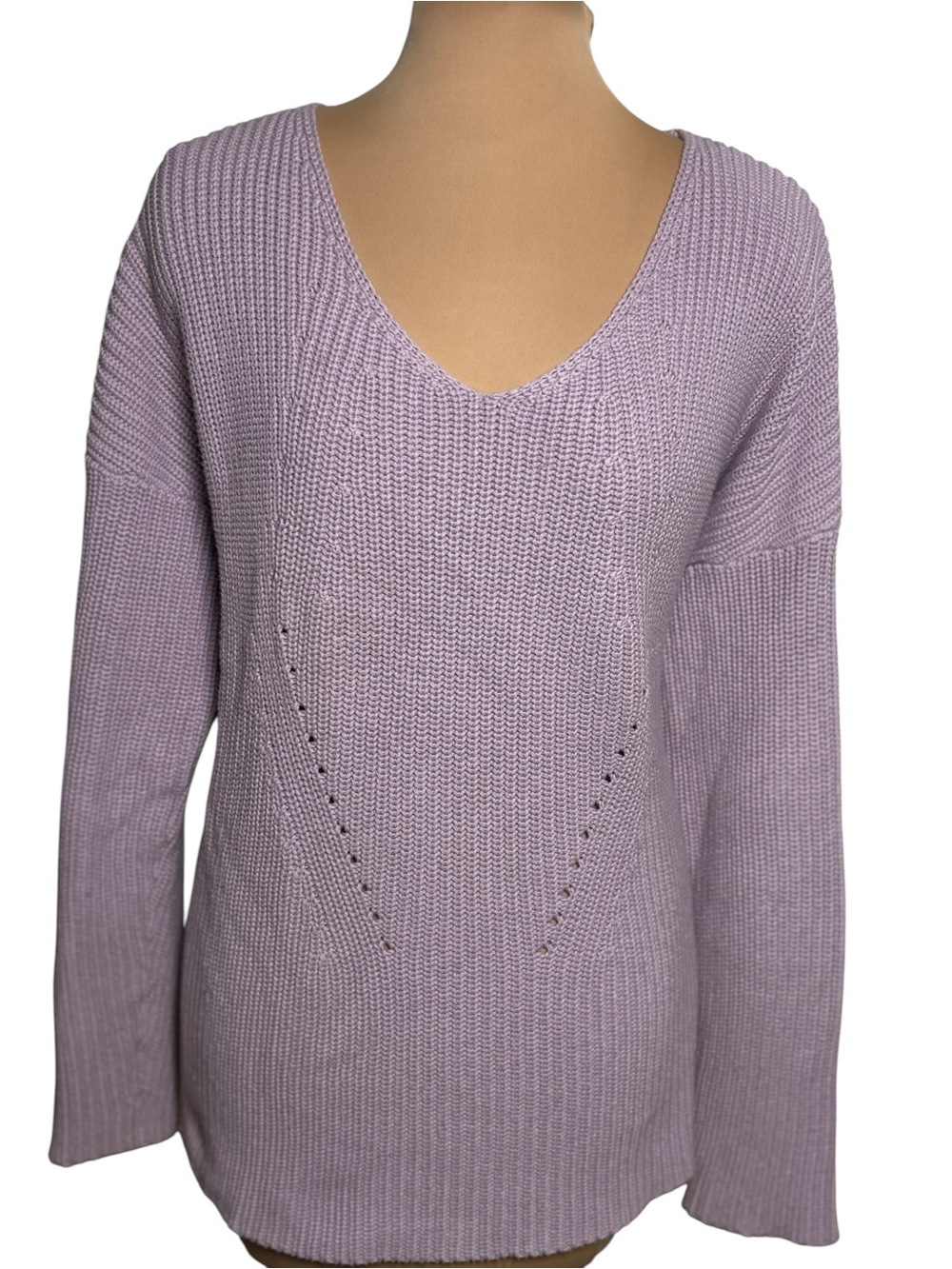 Kinross Cotton Sweater Lilac V Neck Knit Pullover Size L